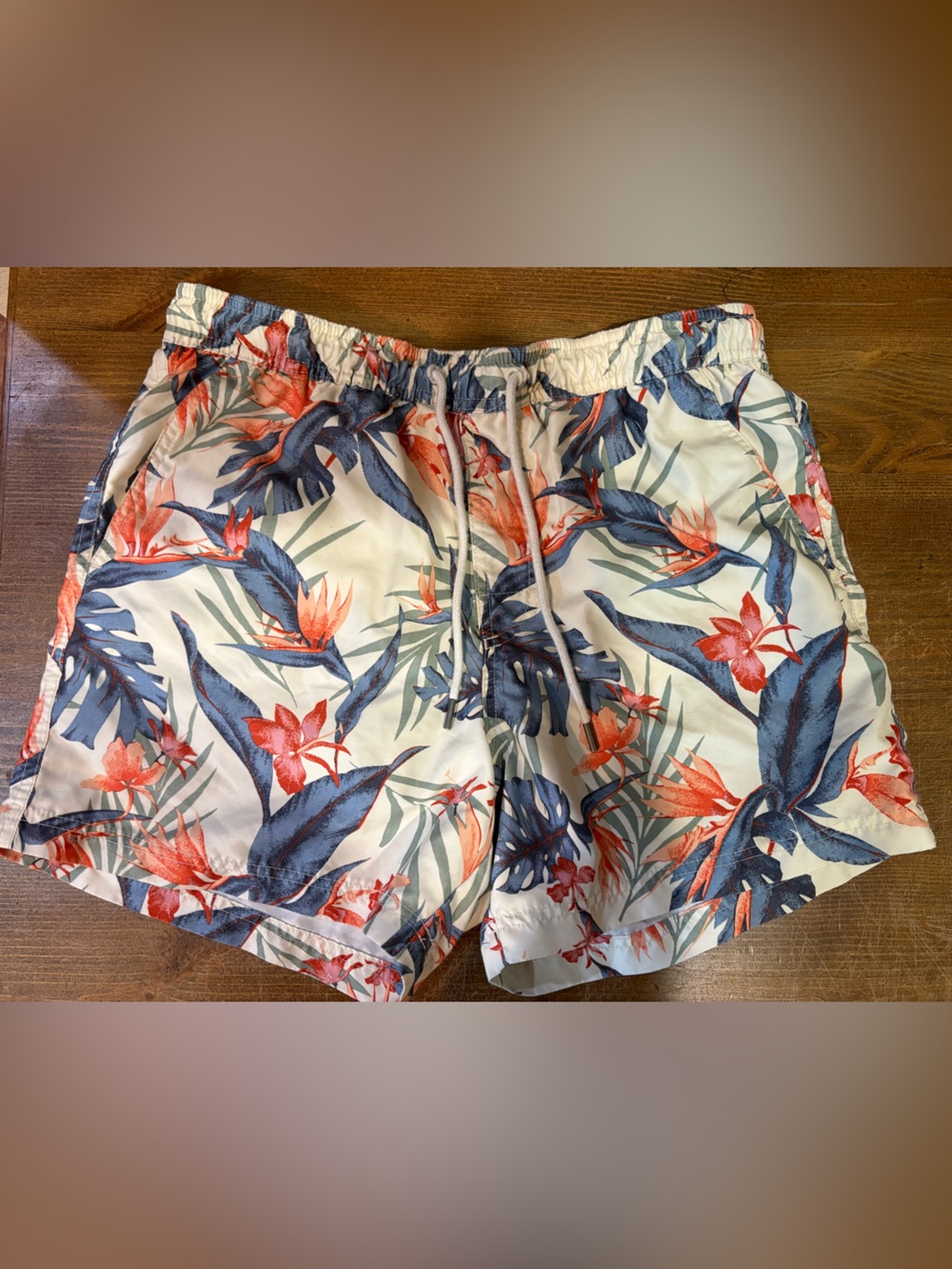 Tropical Floral Swim Trunks - Coral & Navy Print